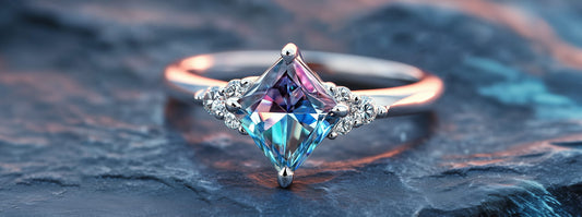 Kite-shaped diamond engagement ring with a unique and modern design.
