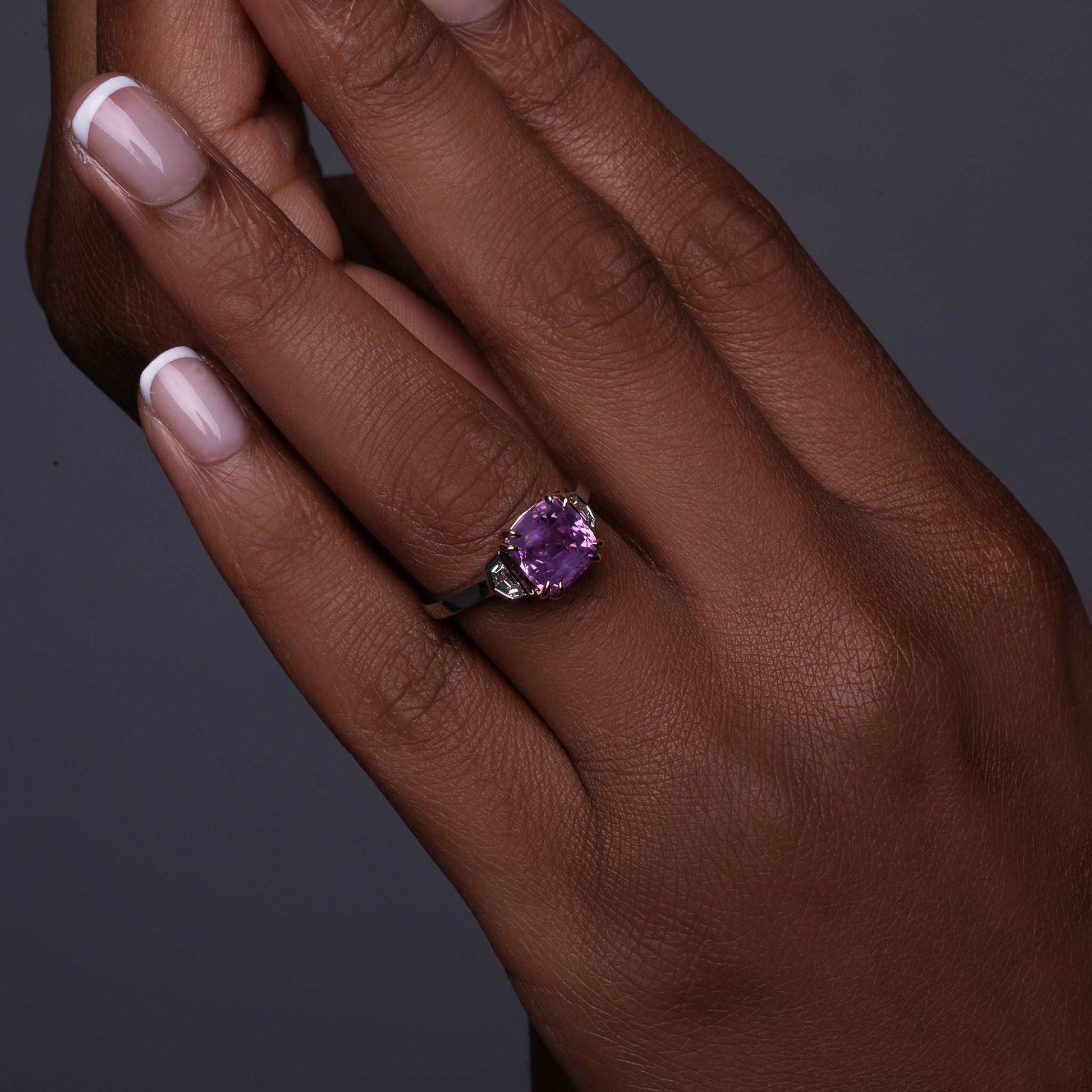 Model Wearing Unheated Pink Sapphire Ring
