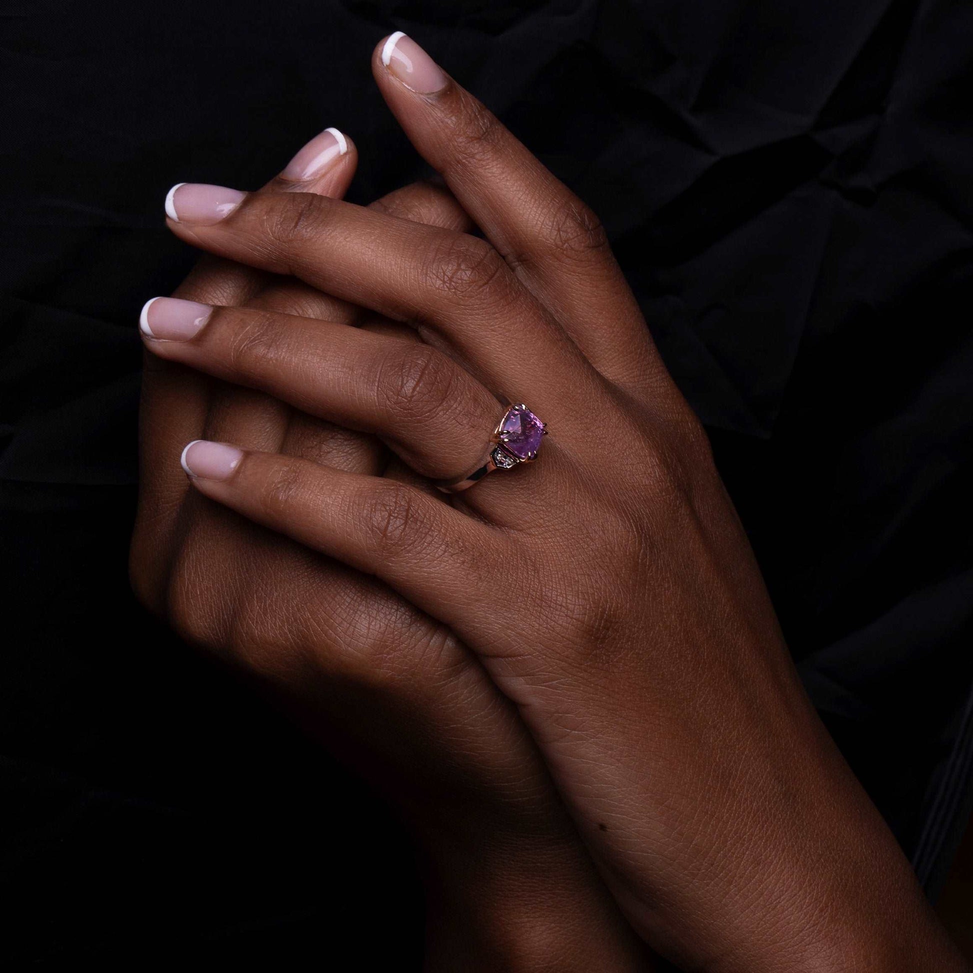 Model Wearing Unheated Pink Sapphire Ring