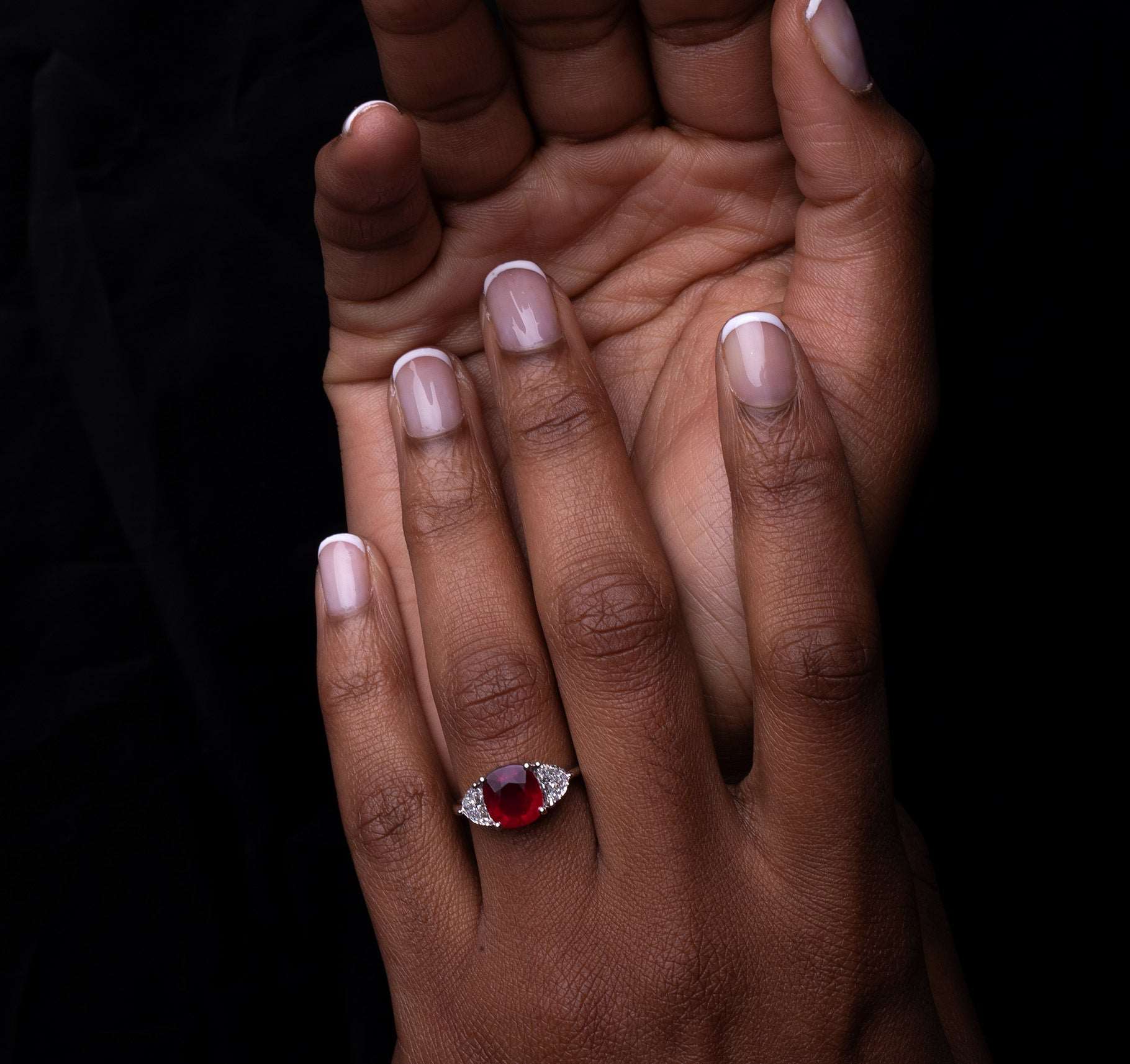 A Model Wearing Greenland Ruby Diamond Platinum Ring 