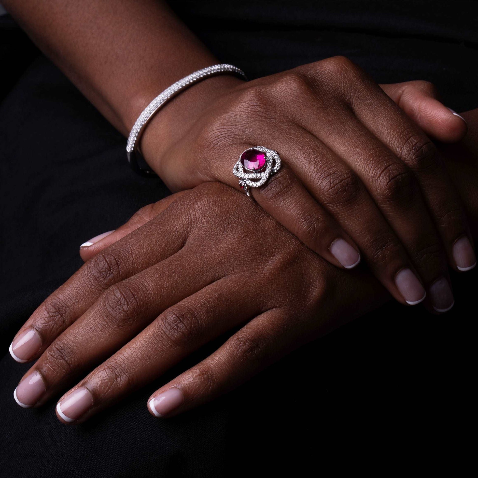 Model Wearing Rubellite & Diamond Cocktail Ring