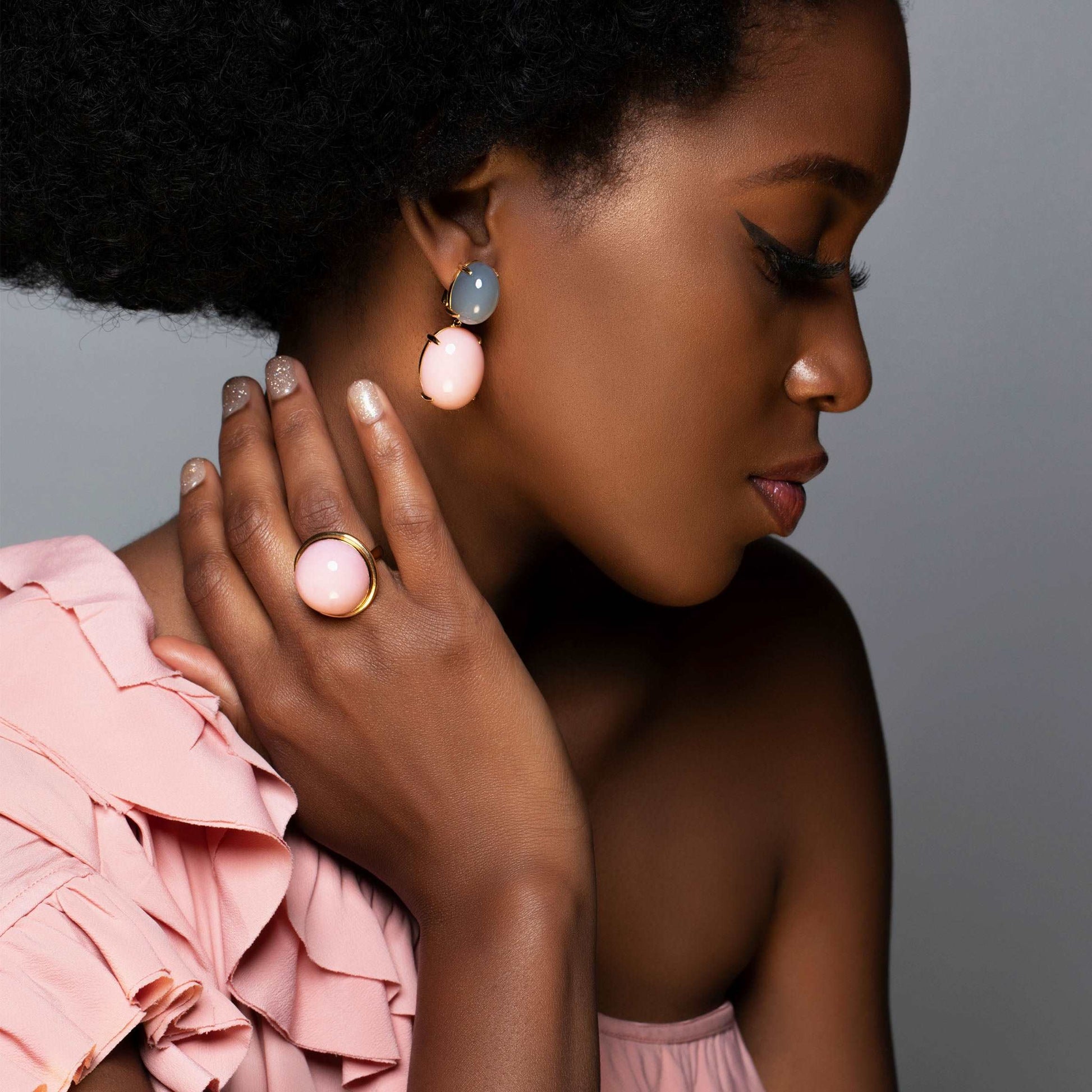Model Wearing Pink Opal & Grey Moonstone Yellow Gold Earrings