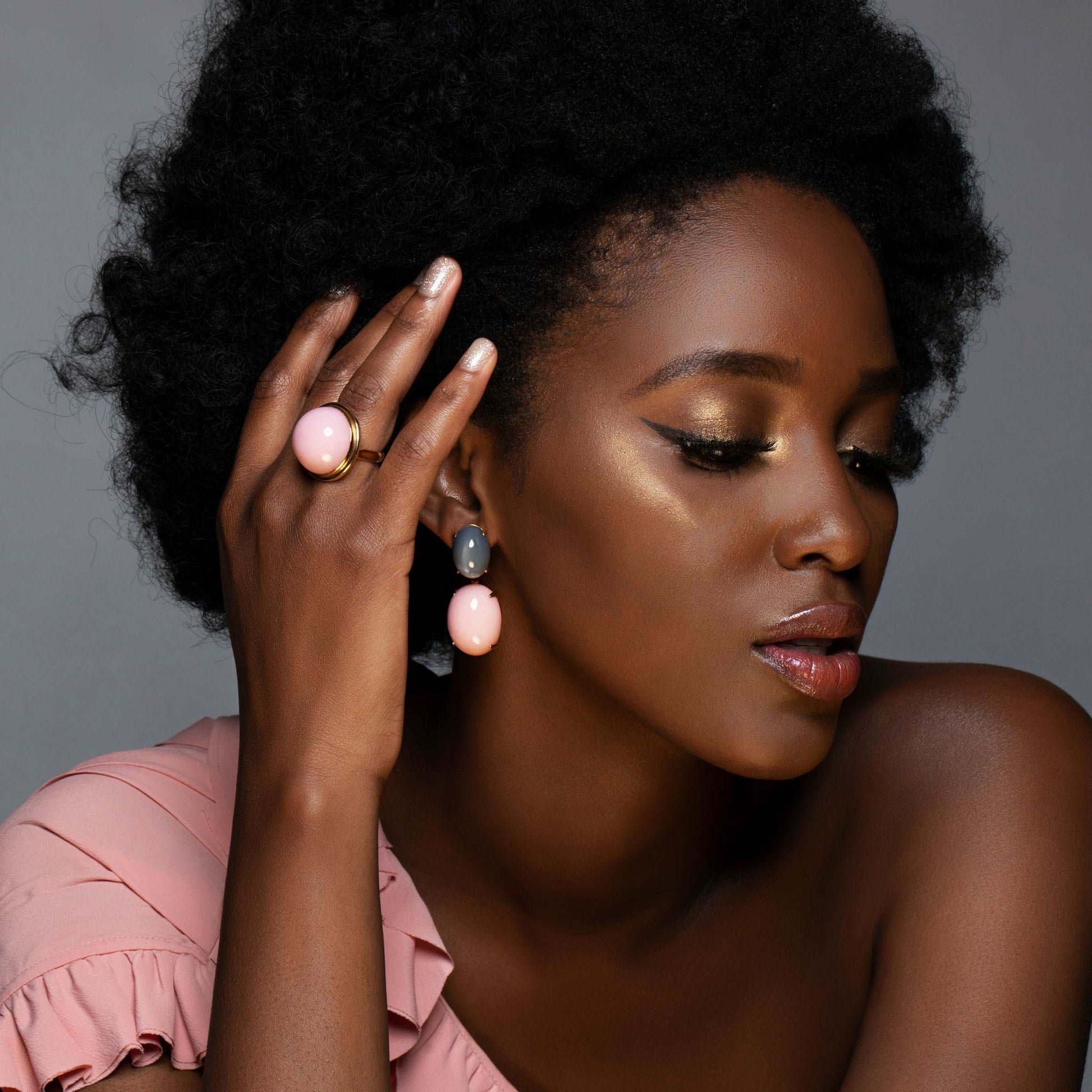 Model Wearing Pink Opal & Grey Moonstone Yellow Gold Earrings