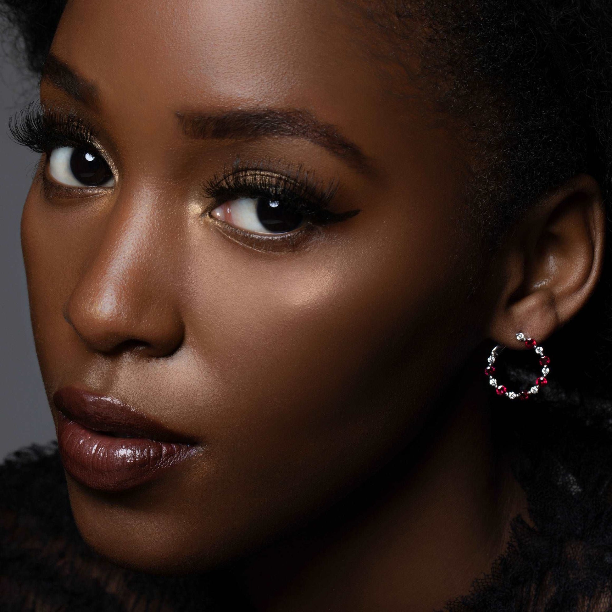 Model Wearing Ruby & Diamond Round Hoop Earrings