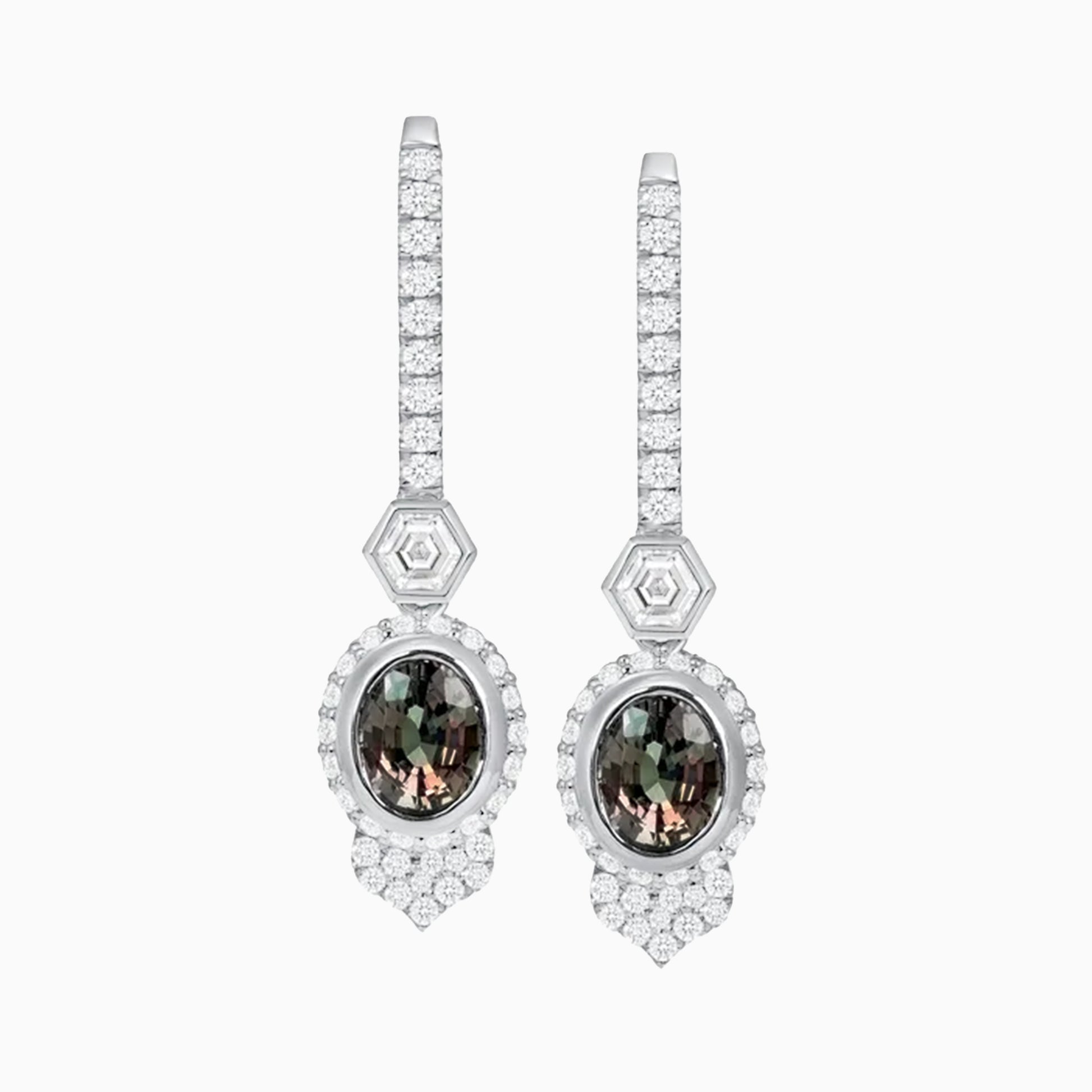 Alexandrite and Diamonds Platinum Earrings on a white background