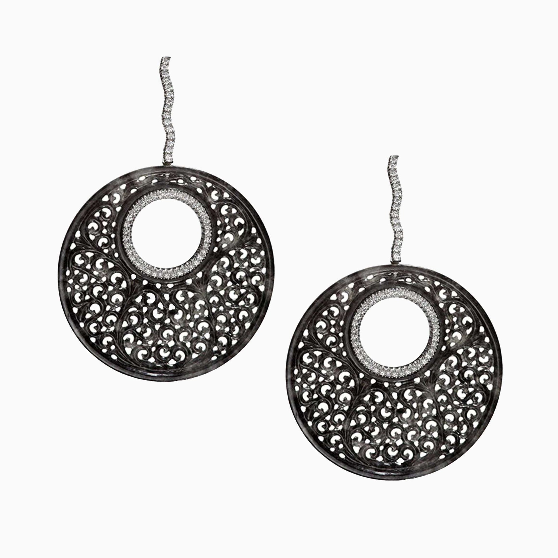Black Jade Diamond Platinum Earrings on a white background