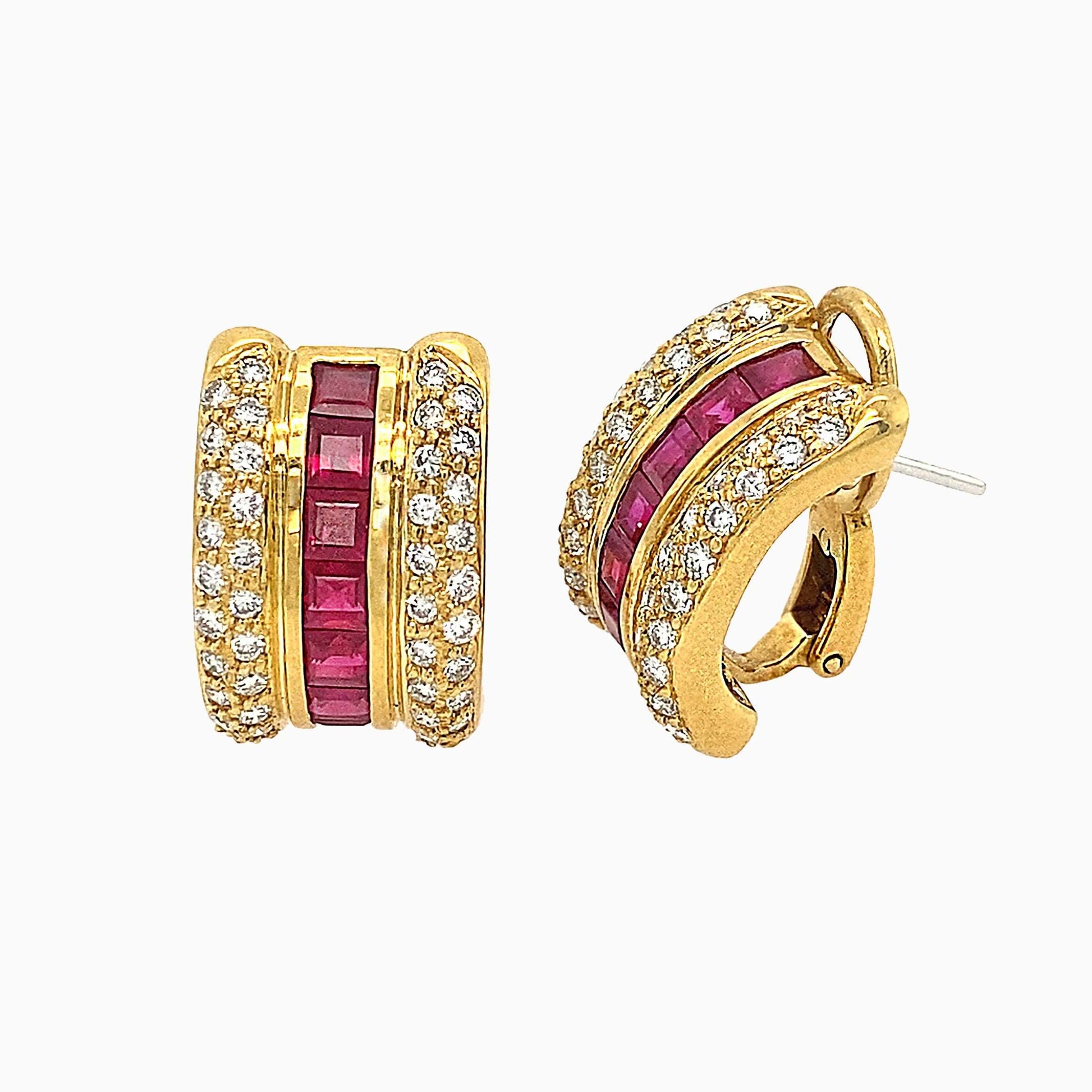 Deco Burmese Ruby Diamond Ear Clips on a white background