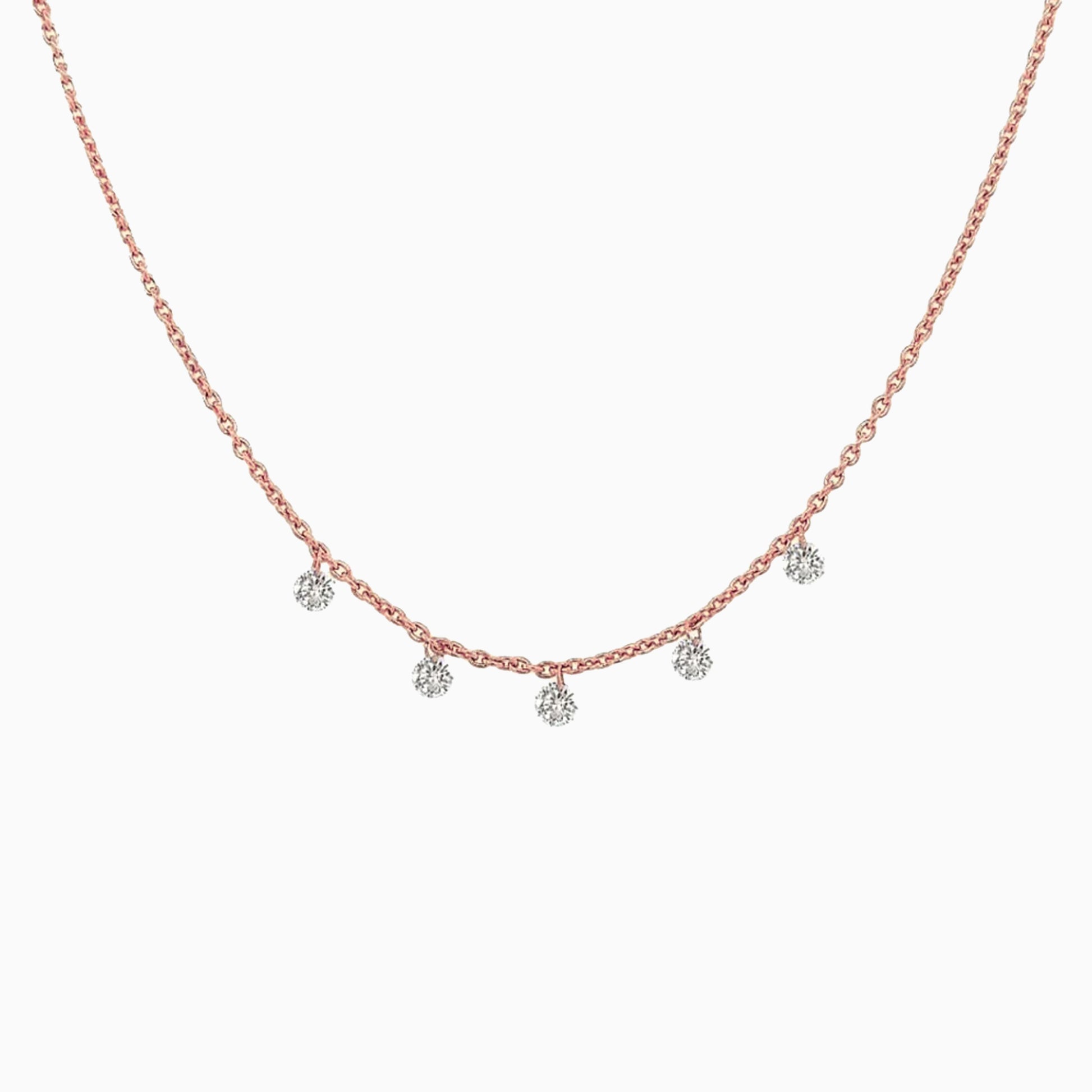 Floating Five Diamond Necklace in Rose Gold on a white background
