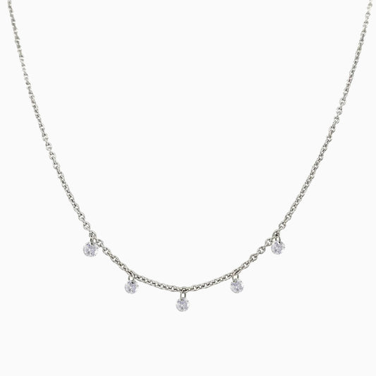 Floating Five Diamond Necklace in White Gold on a white background