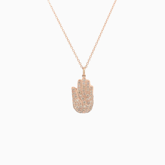 Hamsa (Hand of God) Champagne Diamond Pave Necklace on a white background