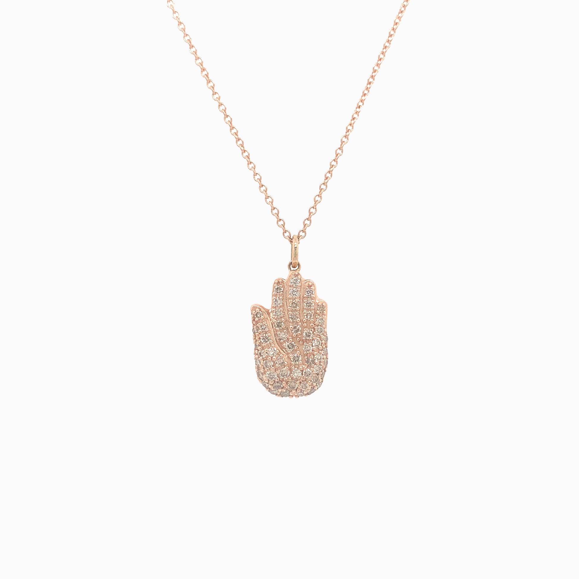 Hamsa (Hand of God) Champagne Diamond Pave Necklace on a white background