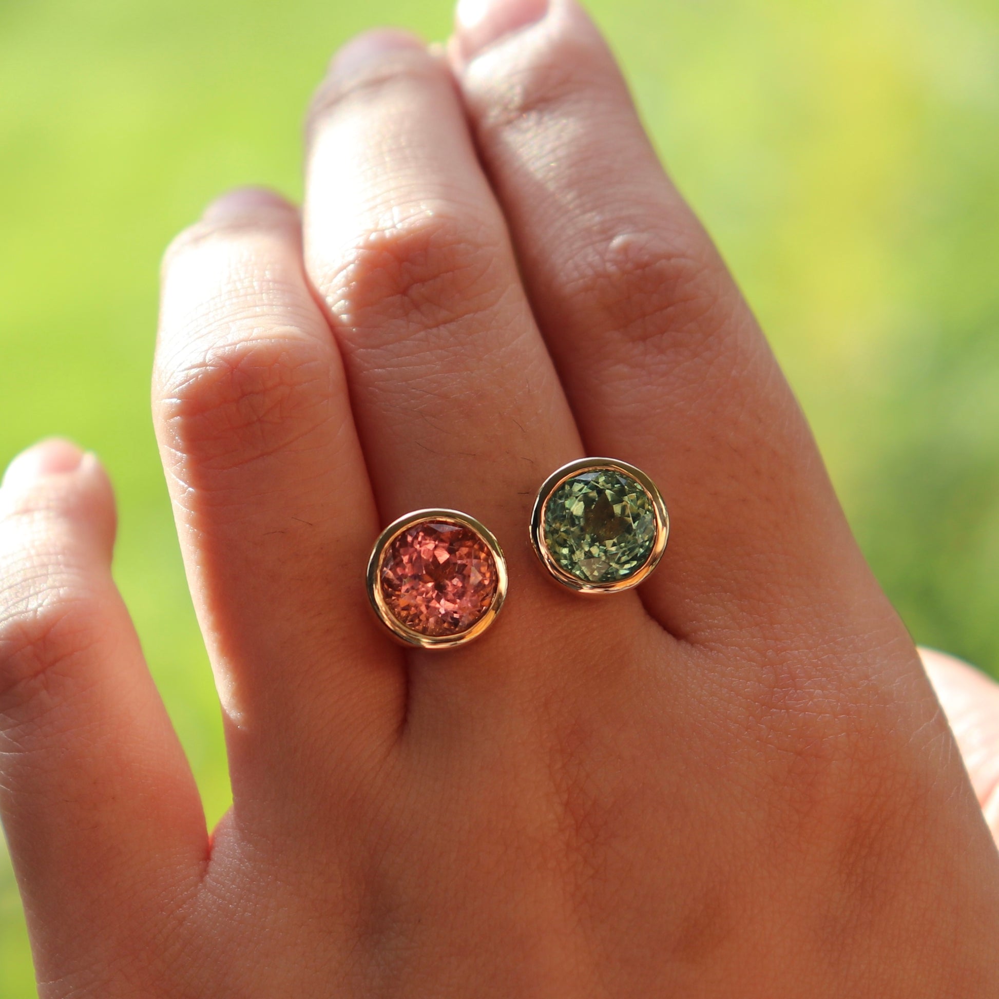 Toi et Moi Pink & Green Tourmaline Yellow Gold Ring