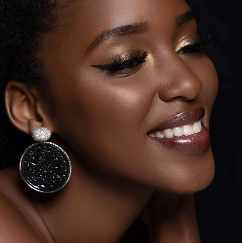 Model Wearing Small Black Jade Diamond Gold Earrings