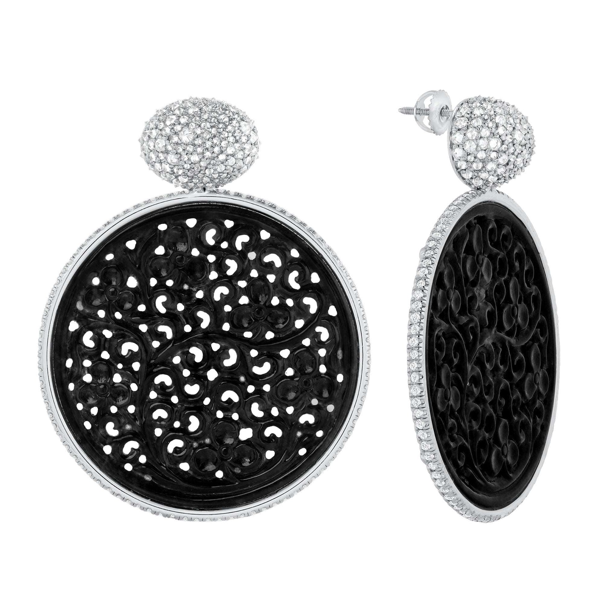 Small Black Jade Diamond Gold Earrings on a white background