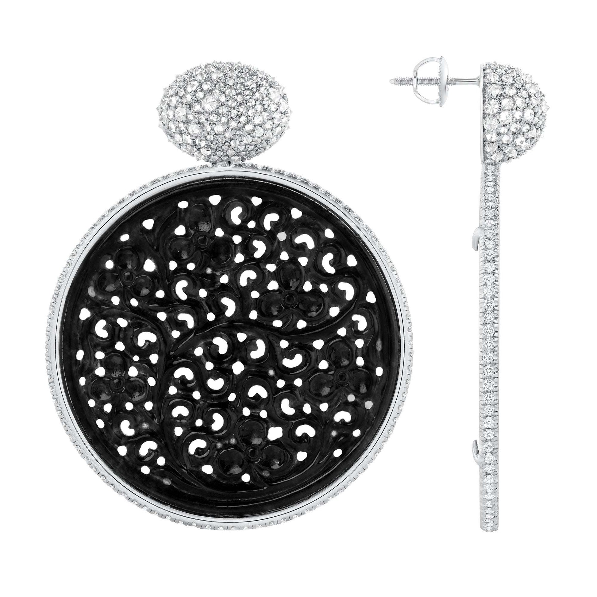 Small Black Jade Diamond Gold Earrings on a white background