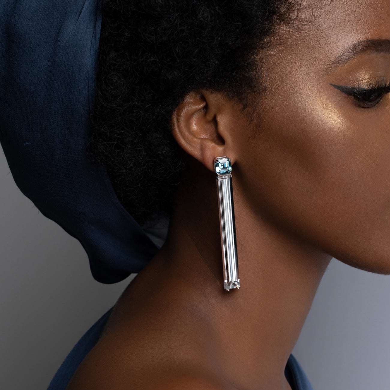 Model Wearing Aquamarine & Rock Crystal Earrings