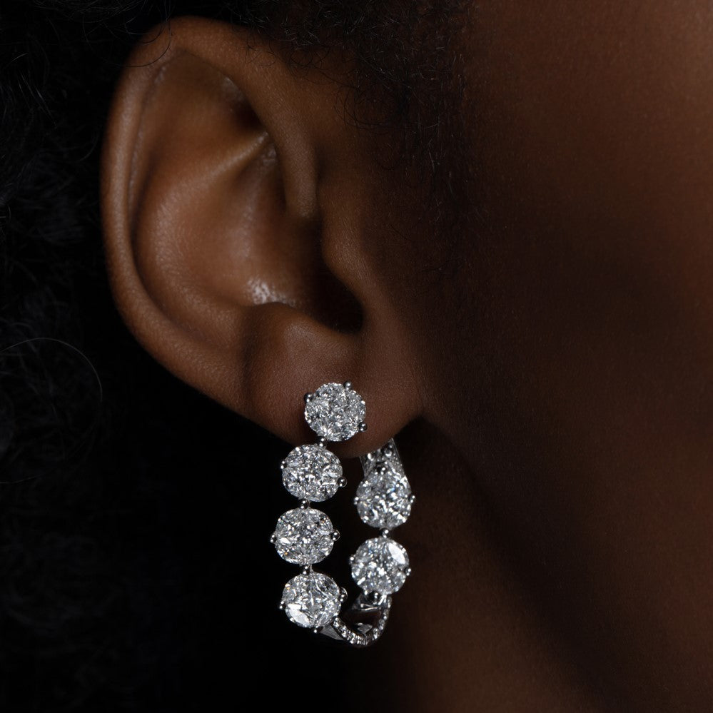 Model Wearing Pair of Illusion Set Diamond White Gold Hoop Earrings
