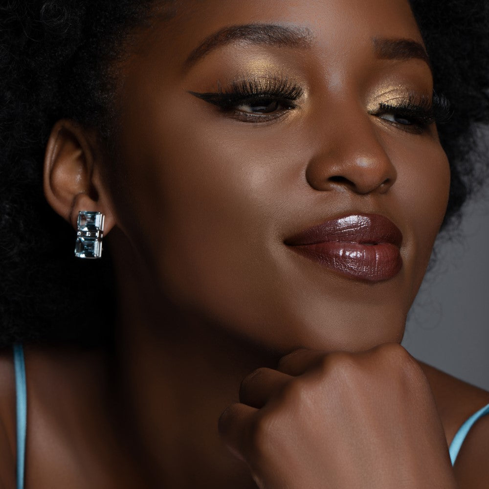 Model Wearing Aquamarine & Diamond Deco Gold Earrings