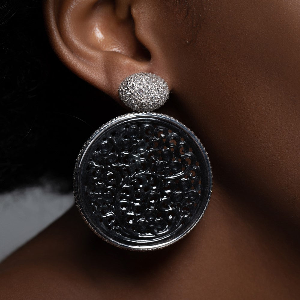 Model Wearing Small Black Jade Diamond Gold Earrings