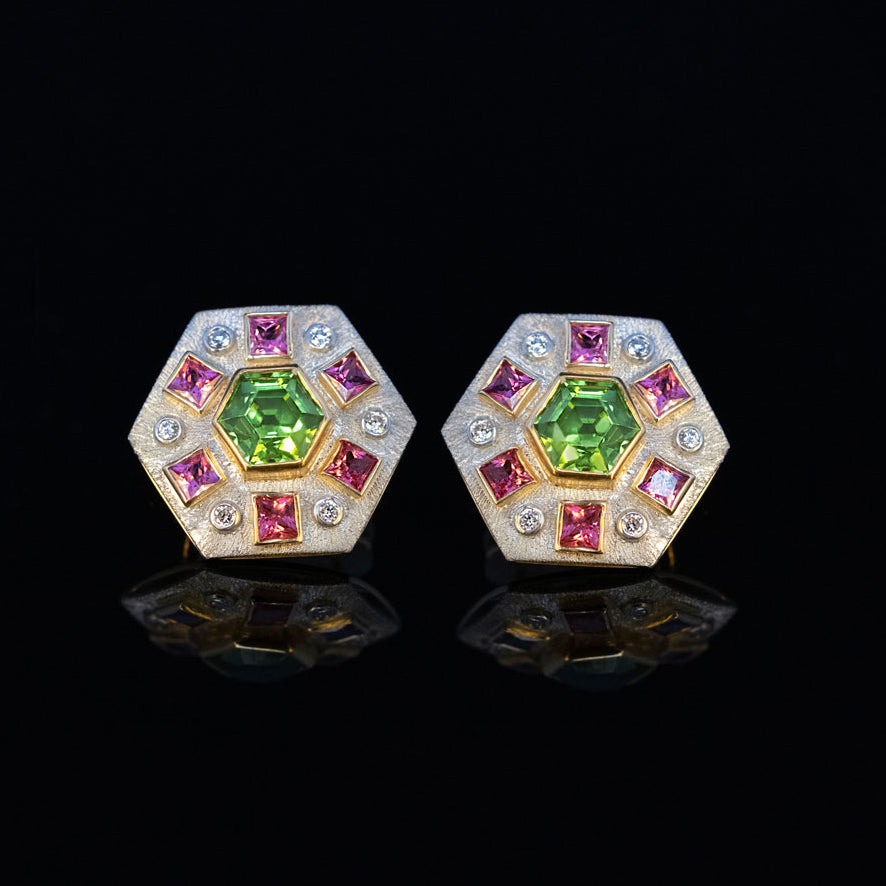 Peridot & Pink Spinel Platinum Earrings