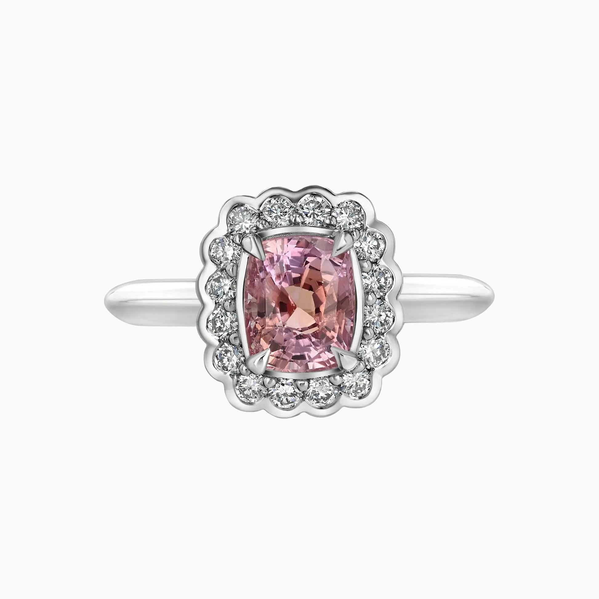 Padparadscha Sapphire Platinum Ring on a white background