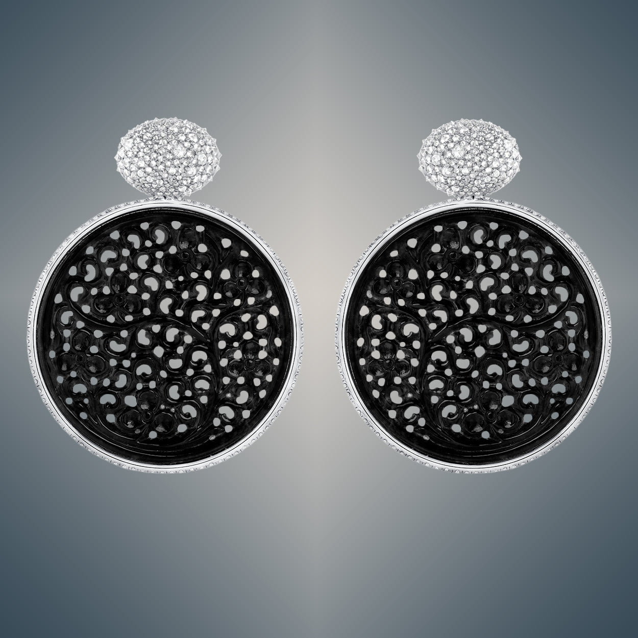 Small Black Jade Diamond Gold Earrings on a grey background