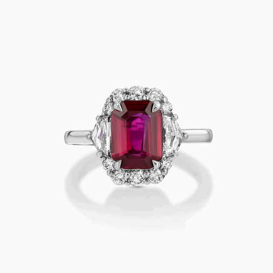 Unheated Mozambique Ruby & Diamond Platinum Ring on a white background