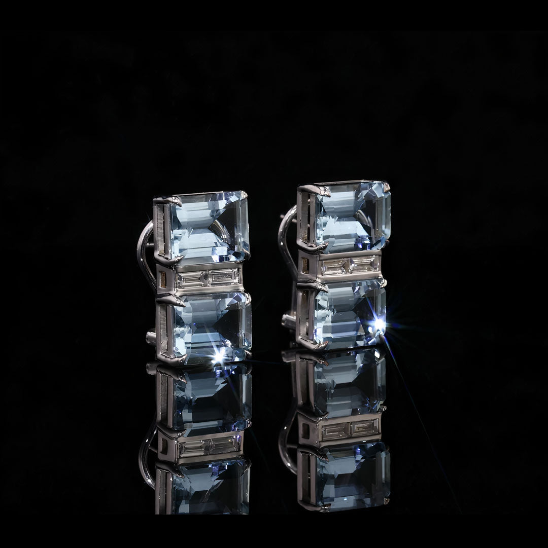Aquamarine & Diamond Deco Gold Earrings