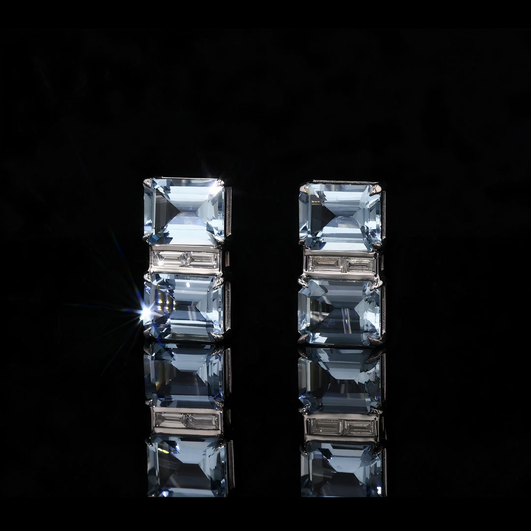 Aquamarine & Diamond Deco Gold Earrings