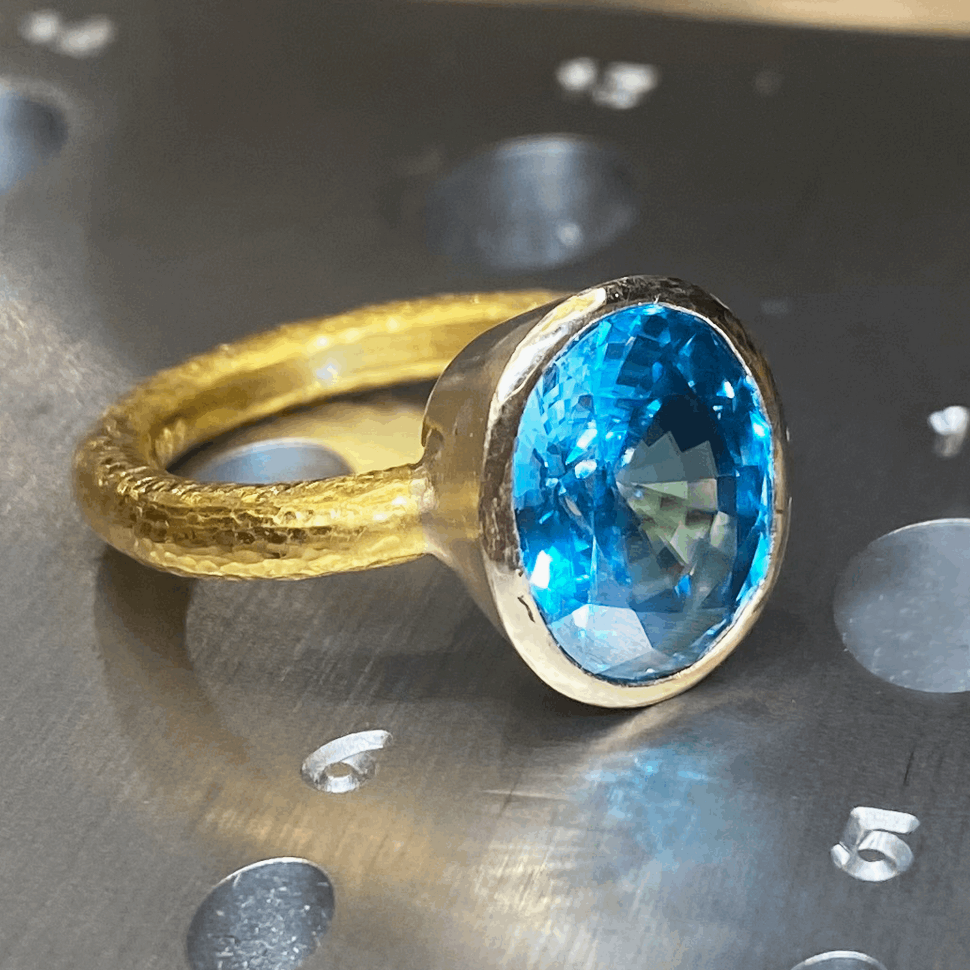 Close-up of Blue Zircon Gold Ring