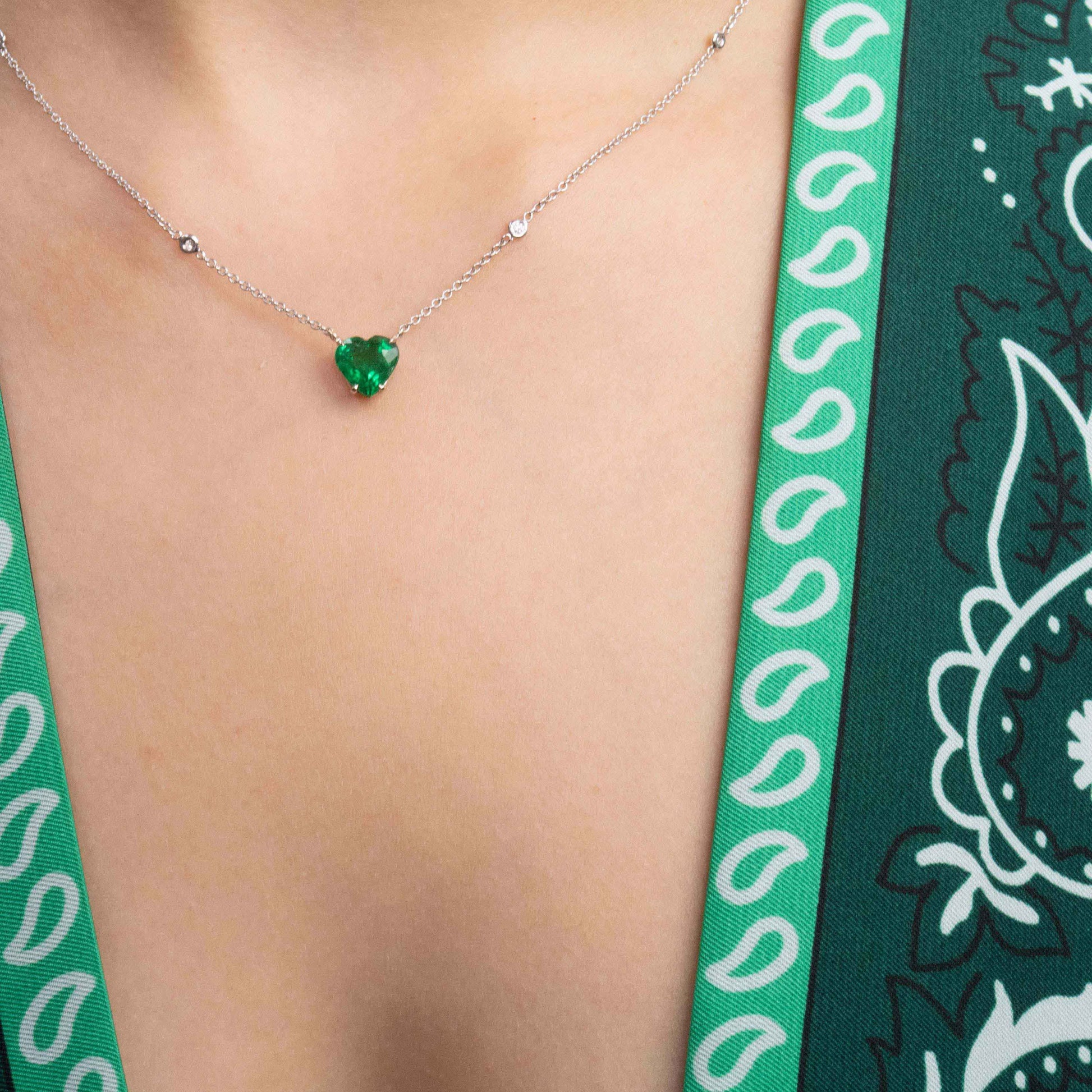 Model Wearing Emerald Heart Shape Gold Necklace