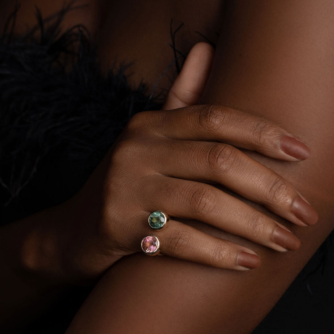 Toi et Moi Pink & Green Tourmaline Yellow Gold Ring