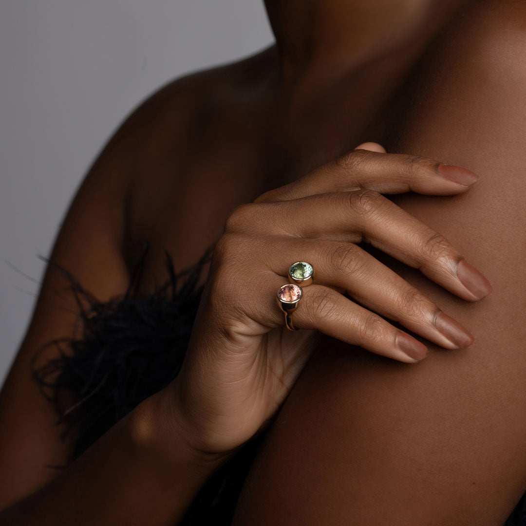 Toi et Moi Pink & Green Tourmaline Yellow Gold Ring