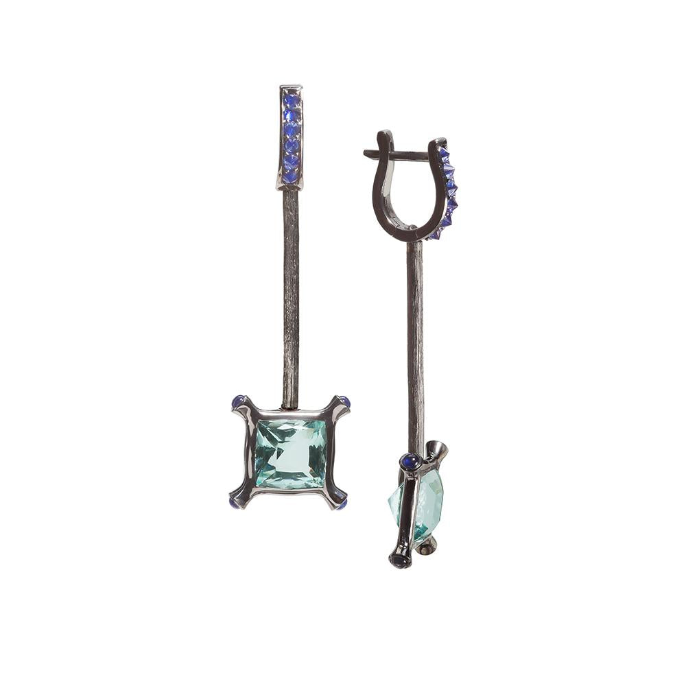 Aquamarine & Sapphire Black Gold Earrings
