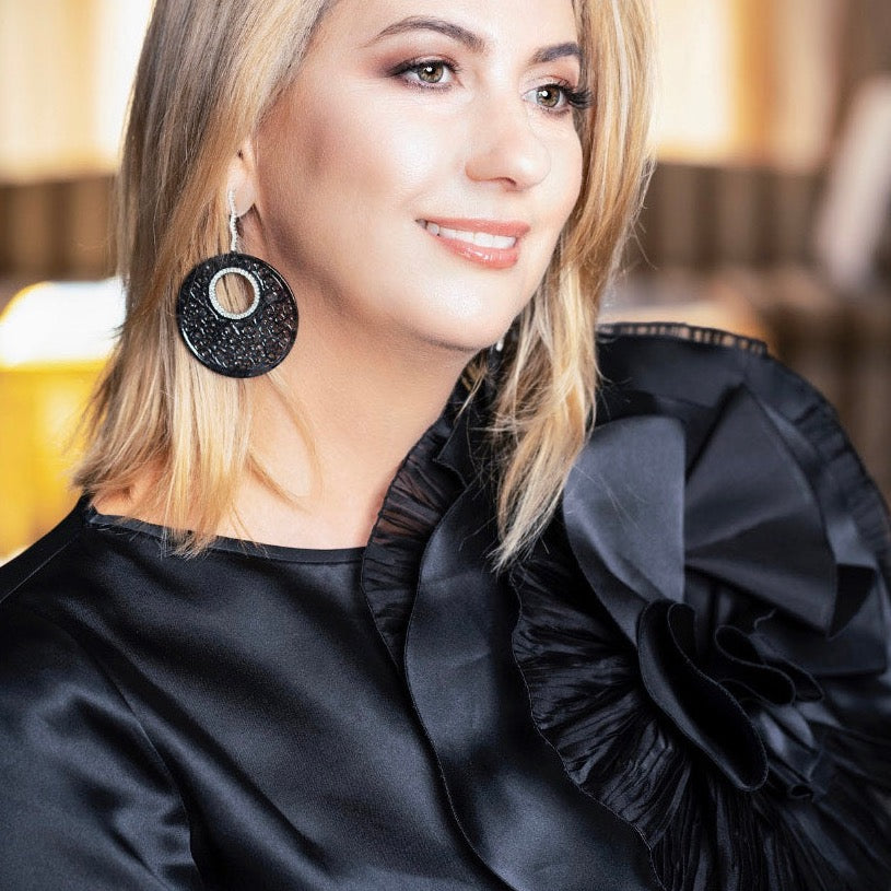 Model Wearing Black Jade Diamond Platinum Earrings