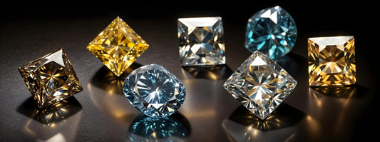 Fancy diamonds in various colors displayed for comparison.