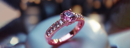Elegant engagement ring with pink diamonds and gold band.