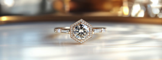 Hexagon shape diamond engagement ring with a modern design.