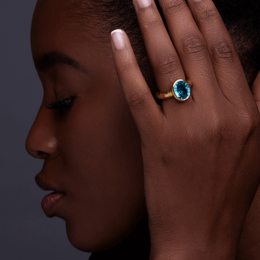 Model Wearing Blue Zircon Gold Ring