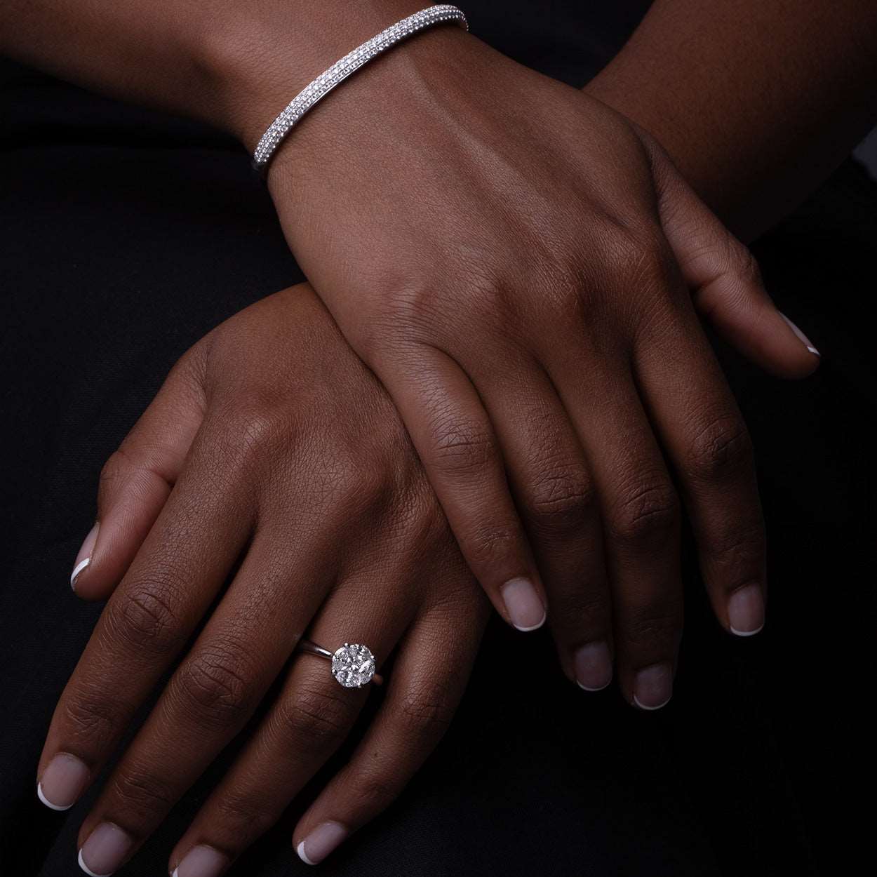 Model Wearing Illusion Set Diamond White Gold Engagement Ring