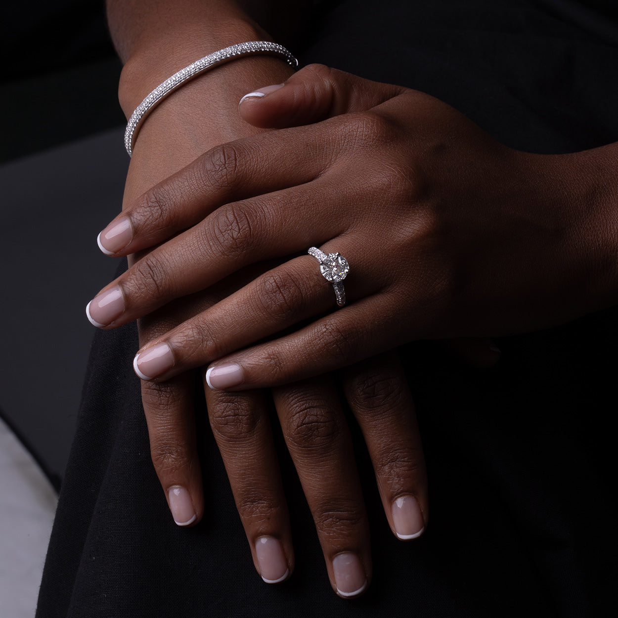 Model Wearing Illusion Set Pave Diamond Engagement Ring