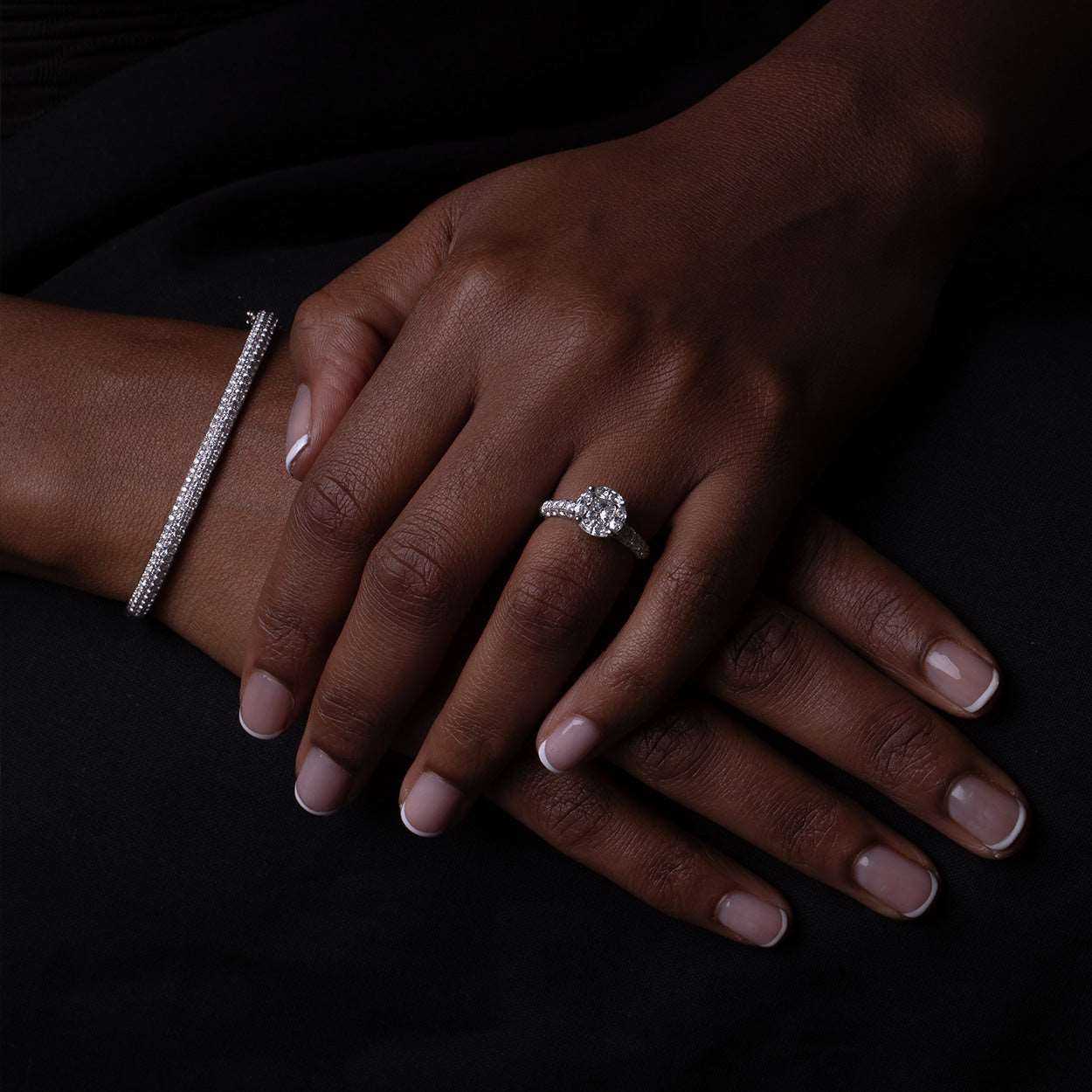Model Wearing Illusion Set Pave Diamond Engagement Ring