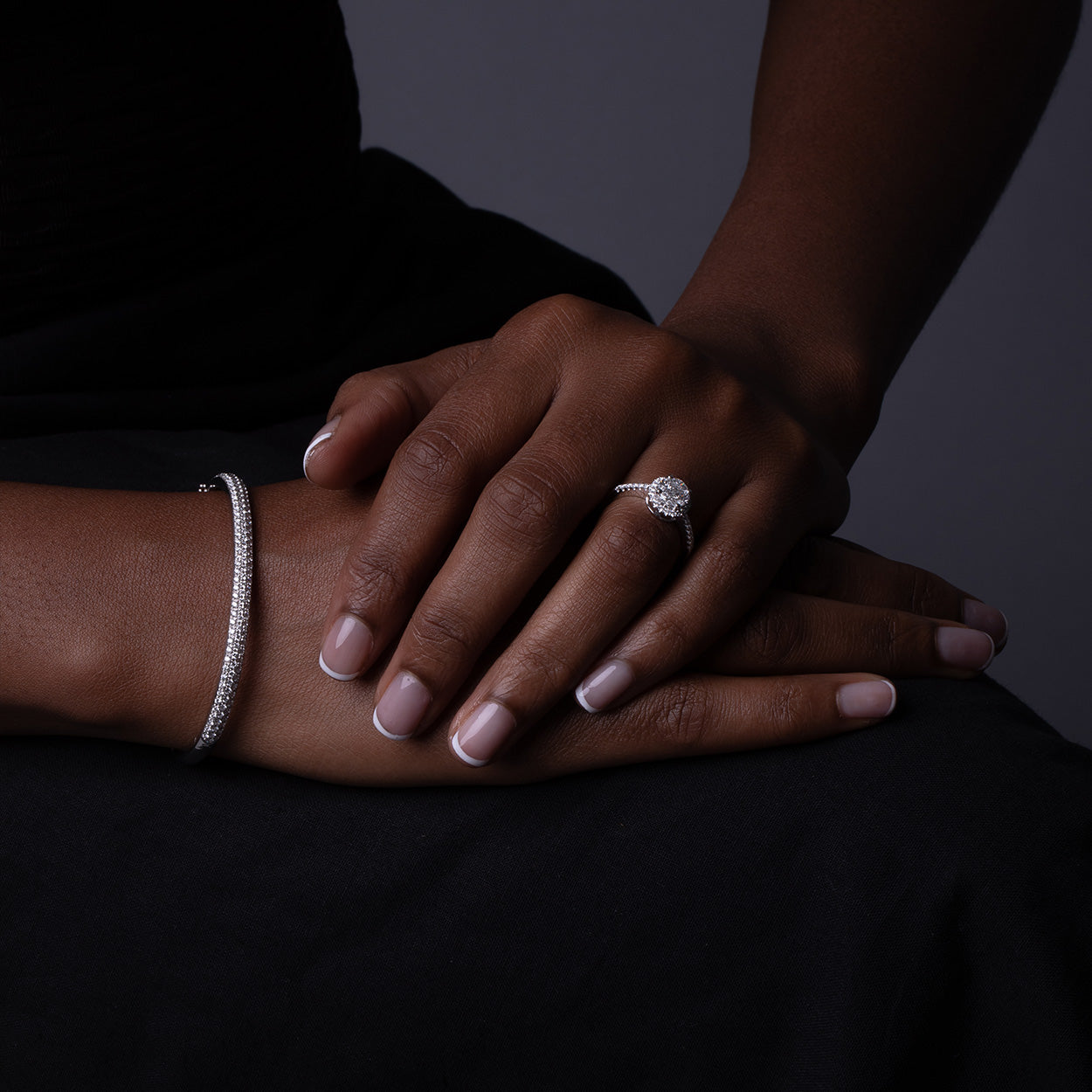 Model Wearing Illusion Set Halo Diamond White Gold Engagement Ring