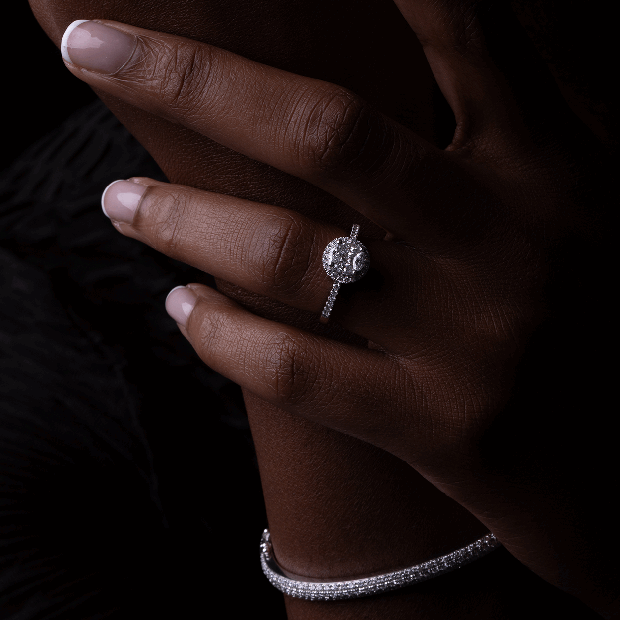 Model Wearing Illusion Set Halo Diamond White Gold Engagement Ring