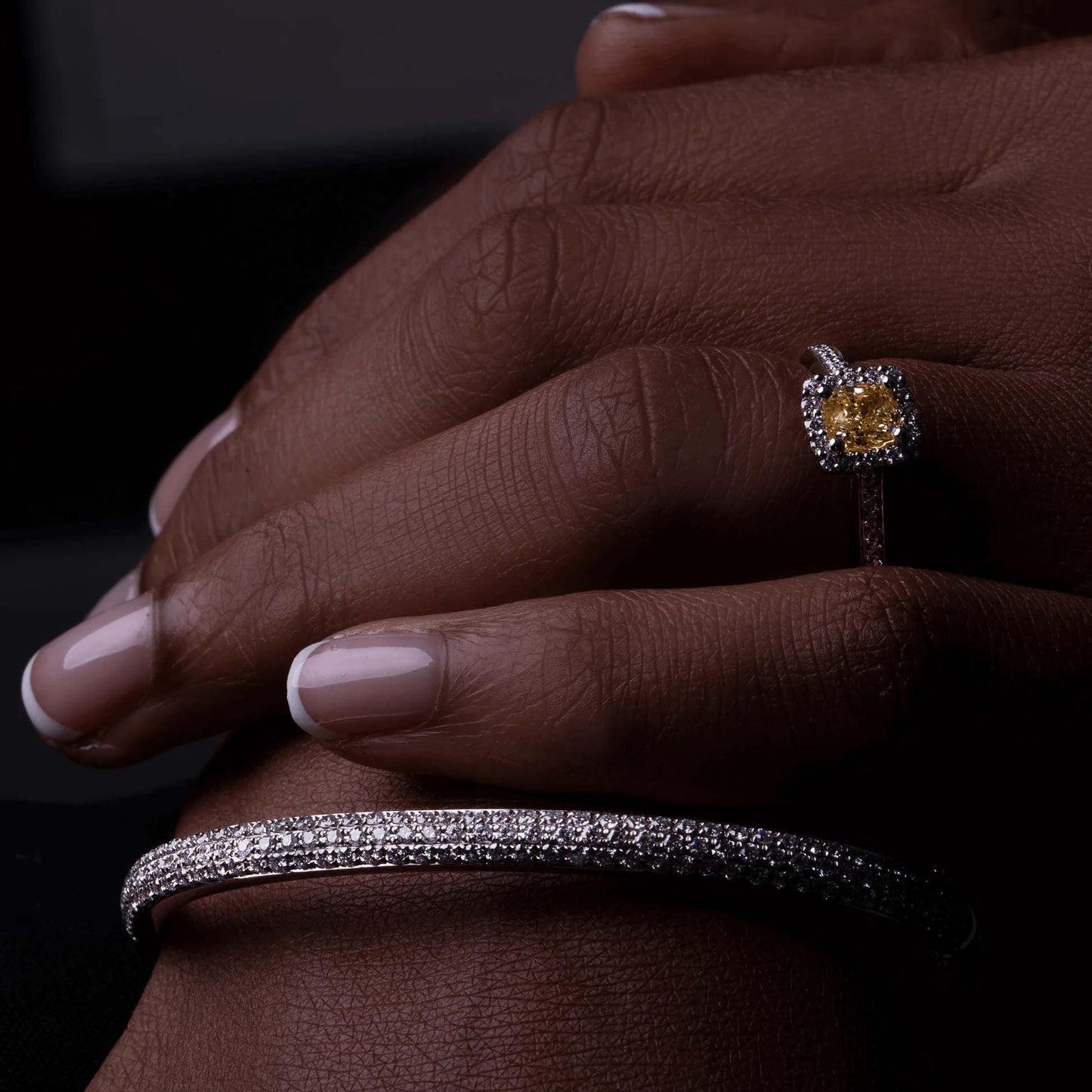 Model Wearing Fancy Yellow Diamond Gold Ring