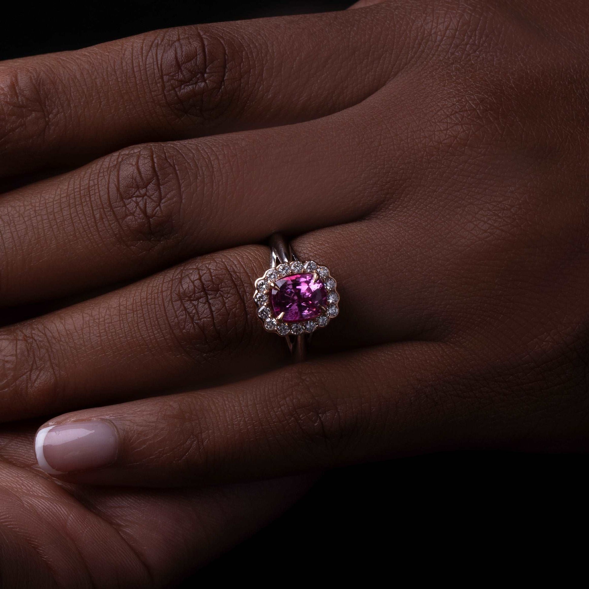 Model Wearing Intense Pink Sapphire & Diamonds Gold Ring