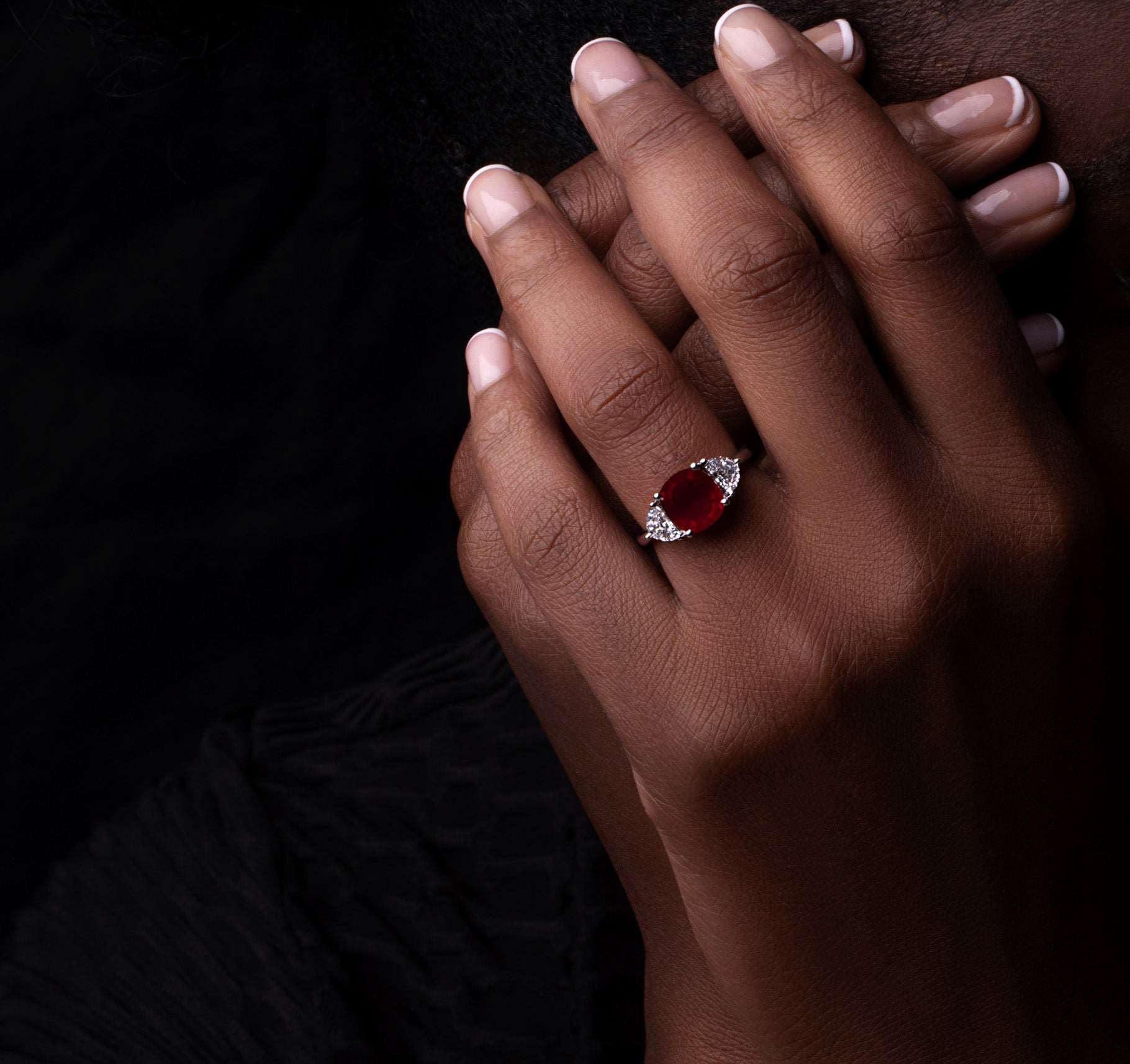 A Model Wearing Greenland Ruby Diamond Platinum Ring 