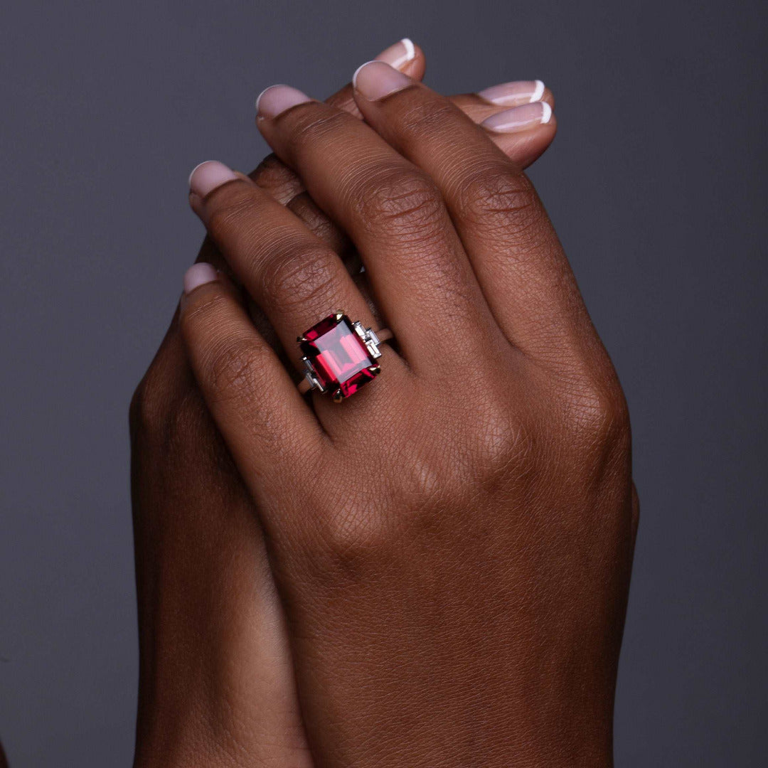 Model Wearing Rubellite Diamond White Gold Ring