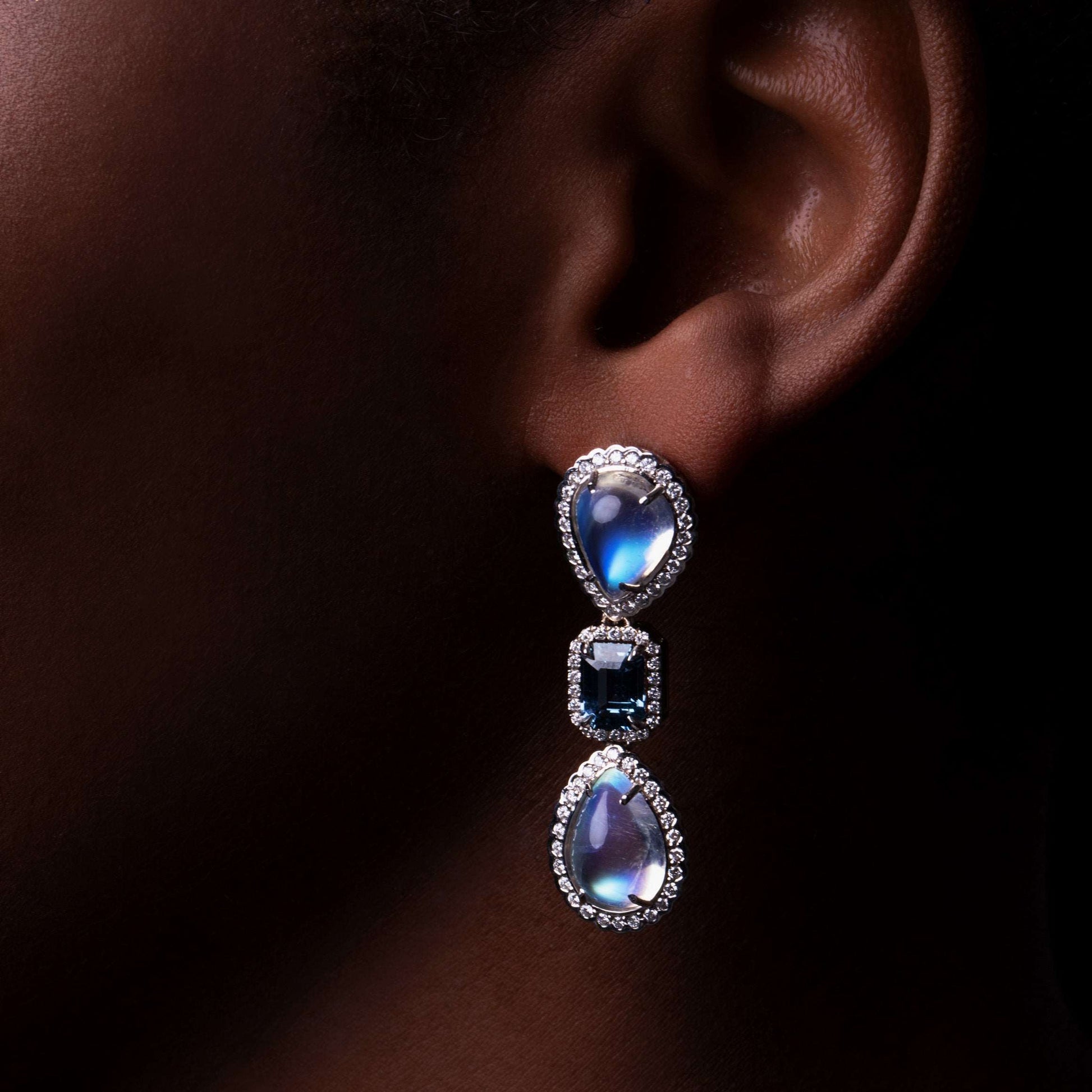 Close-up of the Moonstone and Sapphire Drop Earrings