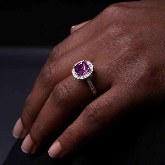 Model Wearing Pink Sapphire & Diamonds White Gold Ring